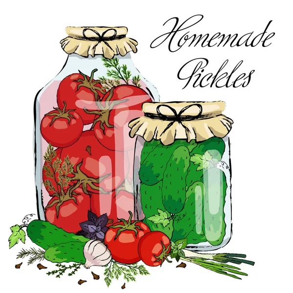Ev yapımı hazırlıklar, turşular ve koruma. Domatesli cam kavanozlar, salatalık ve otlar. Stok vektörü.