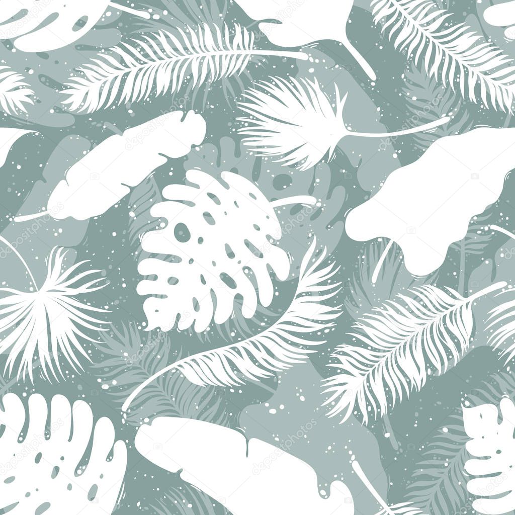 Set of palm tree leaves. Seamless background. Vector illustration.