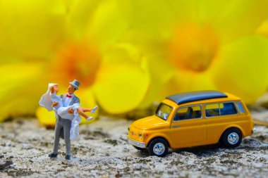 Minyatür insanlar Tropik bir bahçede gelin ve damat