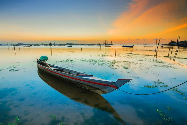 Wooden Canoes Traditional Boat Fishing Village Sunset Setokok Batam Indonesia — Stock Photo, Image