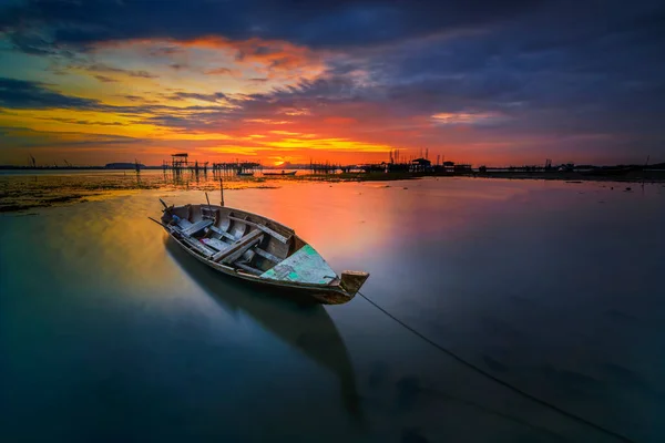 Schöner Sonnenuntergang Und Traditionelles Boot Fischerdorf Batam Island — Stockfoto