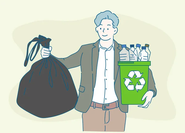 Joven Sosteniendo Una Bolsa Basura Contenedor Reciclaje Lleno Botellas Plástico — Archivo Imágenes Vectoriales