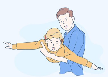 Baba ve oğul gündüz vakti parkta oynuyorlar. Arkadaş canlısı aile kavramı. İnce çizgi şeklinde çizilmiş el, vektör çizimleri.