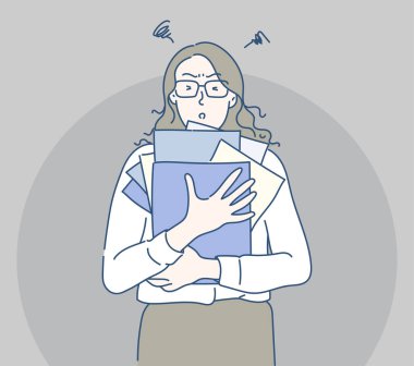Dosyaları ve belgeleri tutan iş kadını meşgul ve çok çalışıyor. İnce çizgi şeklinde çizilmiş el, vektör çizimleri.
