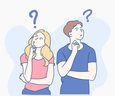 Erkekler ve kadınlar bir çözüm bulmak için bir şeyler düşünüyorlar. Problem çözme konsepti. İnce çizgi şeklinde çizilmiş el, vektör çizimleri.