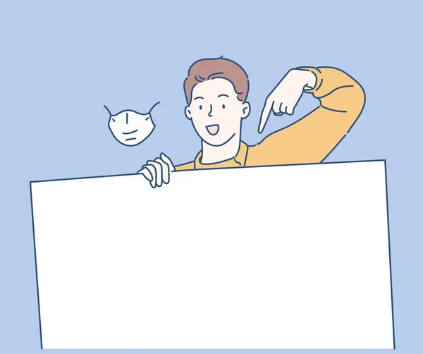 Neşeli iş adamı beyaz boş afişin arkasında duruyor ve bir fotokopi alanını işaret ediyor. İnce çizgi şeklinde çizilmiş el, vektör çizimleri. (Maske çıkarılabilir.)