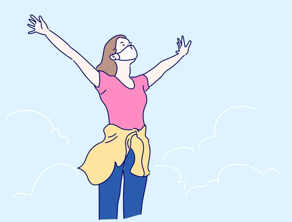 Kolları açık mutlu bir kadın dağın zirvesinde kalır. Motivasyon konsepti. İnce çizgi şeklinde çizilmiş el, vektör çizimleri.