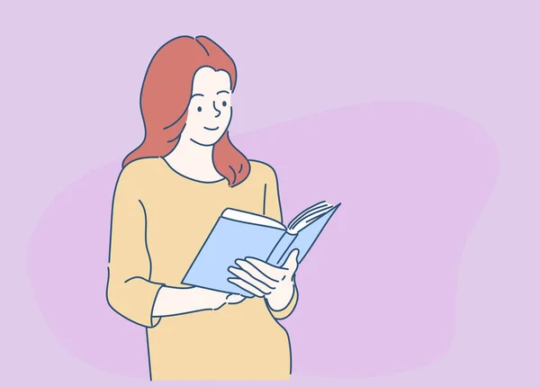 Joven Mujer Feliz Leyendo Libro Sonriendo Mano Dibujada Estilo Línea — Vector de stock