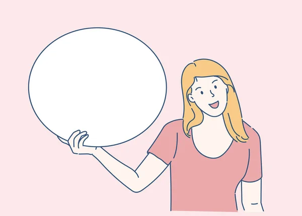Mujer Joven Mostrar Pancarta Discurso Burbuja Una Dama Alegre Pensando — Vector de stock