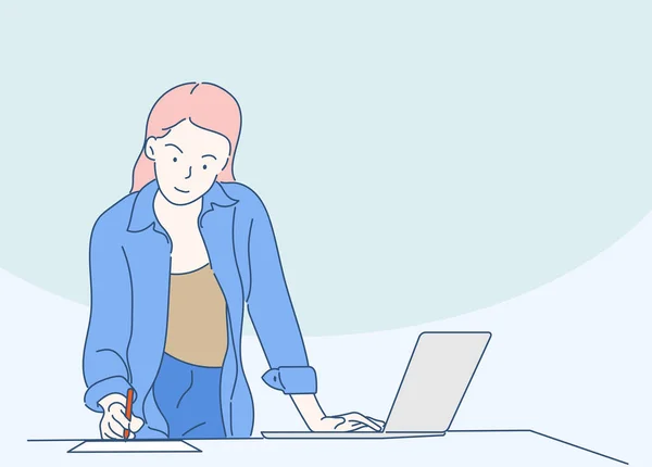 Genç iş kadınları not alıyor ve bir dizüstü bilgisayar üzerinde çalışıyorlar. Kavramsal iş fikirleri. İnce çizgi şeklinde çizilmiş el, vektör çizimleri.