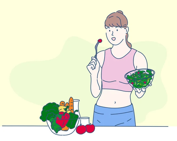 女性が家で運動をし きれいな食べ物を食べる 医療の概念 細い線画で手描き ベクトルイラスト — ストックベクタ