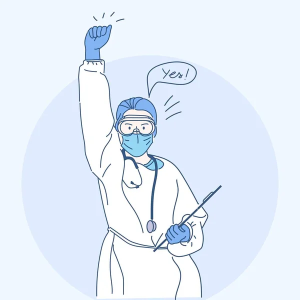 医者は防護服を着て自信を持って拳を上げた ウイルス対策の概念 細い線画で手描き ベクトルイラスト — ストックベクタ