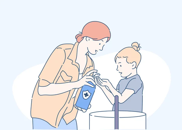 Holčička Její Matka Myjí Ruce Ochrana Proti Infekcím Virům Ručně — Stockový vektor