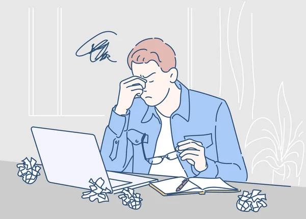 Yorgun genç adam gözlük tutuyor ve sıkı çalışırken burun köprüsüne masaj yapıyor. İnce çizgi şeklinde çizilmiş el, vektör çizimleri.