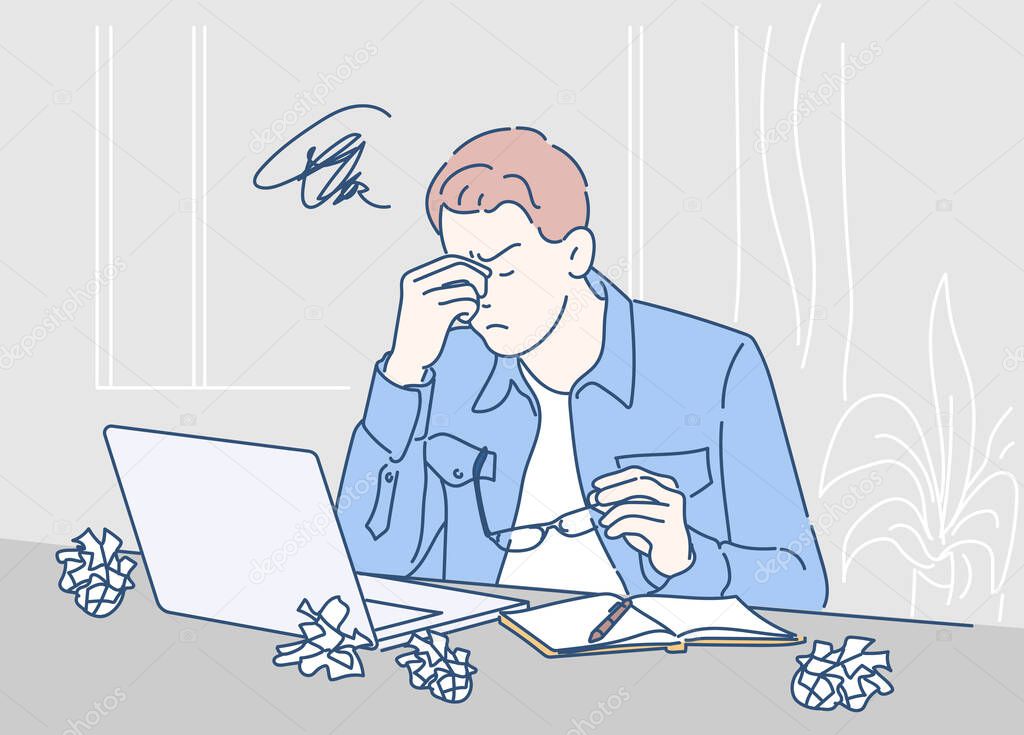 Tired young man is holding eyeglasses and massaging his nose bridge while working hard. Hand drawn in thin line style, vector illustrations.