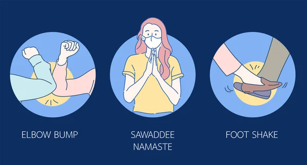 Coronavirus 'un yayılmasını önlemek için sarılma ya da tokalaşmayla selamlaşmak yerine yeni normal selamlama. İnce çizgi şeklinde çizilmiş el, vektör çizimleri.