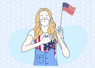 Maske takan ve elinde Birleşik Devletler bayrağını tutan genç bir kadın. İnce çizgi şeklinde çizilmiş el, vektör illüstrasyonu.