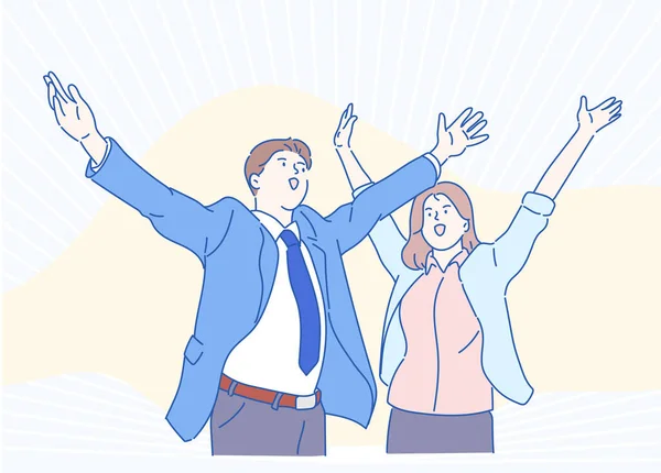 Erkek ve kadın işlerinin kolları sonuna kadar açık, başarıya olan sevinçlerini ifade ederler. İş konsepti. İnce çizgi şeklinde çizilmiş el, vektör çizimleri.