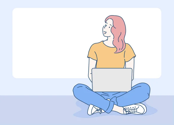 Yerde otururken dizüstü bilgisayarda çalışan neşeli kadın. Evde çalışan serbest çalışan biri. İnce çizgi şeklinde çizilmiş el, vektör çizimleri.