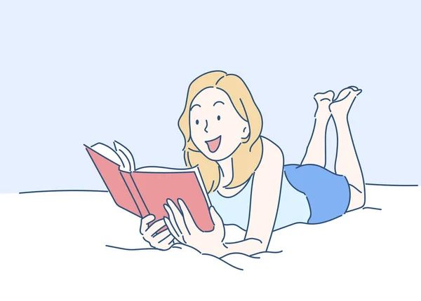 Evde yatakta uzanmış kitap okuyan genç bir kadın. Hobi konsepti. İnce çizgi şeklinde çizilmiş el, vektör çizimleri.