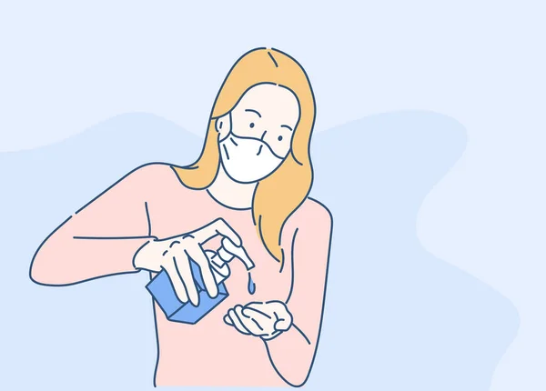 Kobieta Myje Ręce Żelem Dezynfekcji Alkoholu Koncepcja Kontroli Infekcji Ręcznie — Wektor stockowy
