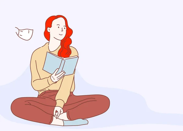 Joven Chica Hermosa Sofá Ella Está Leyendo Libro Relajarse Casa — Vector de stock