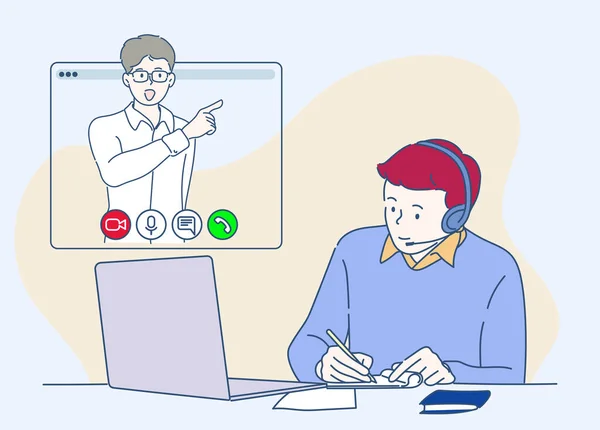 Kulaklıklı genç adam evde otururken dizüstü bilgisayarda çalışıyor. Ev kavramından çalış. E-öğrenme konsepti. İnce çizgi şeklinde çizilmiş el, vektör çizimleri.