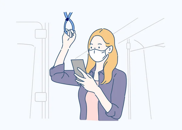 Kadın maske takan bir akıllı telefon kullanıyor ve metroda veya trende giderken sosyal mesafeyi koruyor. Enfeksiyon kontrol konsepti. İnce çizgi şeklinde çizilmiş el, vektör çizimleri.