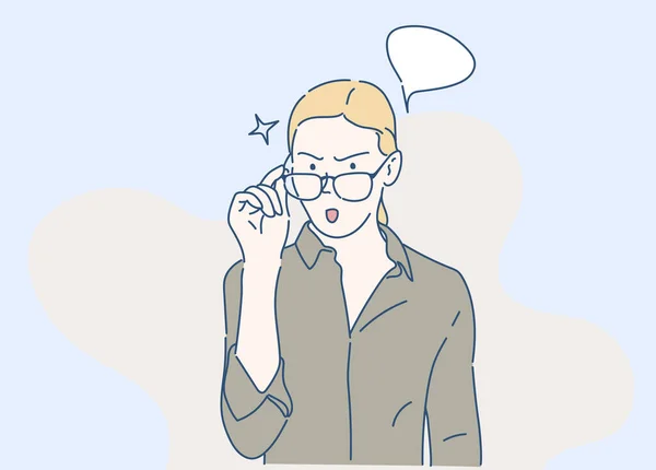 Affärskvinnor Håller Glasögonbåge Med Överraskande Uttryck Något Gick Fel Hand — Stock vektor