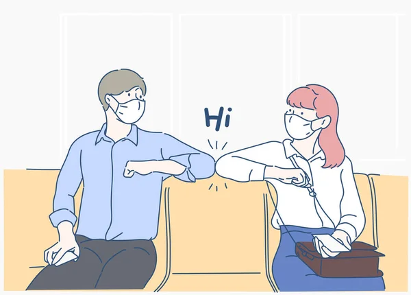 Coronavirus 'un yayılmasını önlemek için sarılma ya da tokalaşmayla selamlaşmak yerine yeni normal selamlama. İnce çizgi şeklinde çizilmiş el, vektör çizimleri.