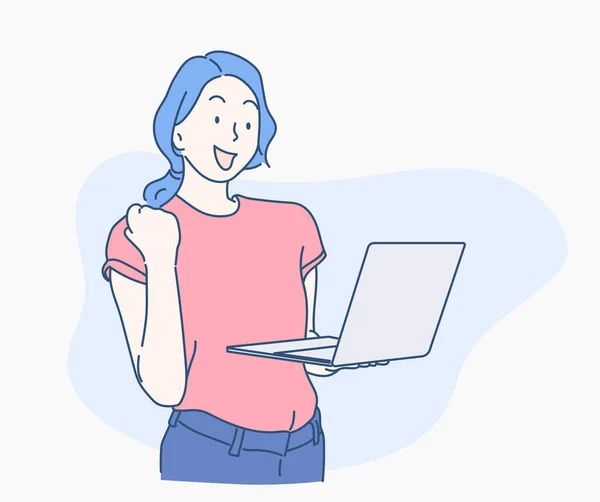 Dizüstü bilgisayarı olan genç bir kadın ve bu işi analiz ederken kendine güvenen bir şekilde yumruğunu kaldırıyor. İnce çizgi şeklinde çizilmiş el, vektör çizimleri.