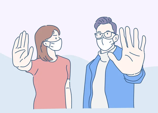 Tıbbi maske takan bir kadın ve genç bir adam, el hareketlerini durduruyorlar. Enfeksiyon kontrol konsepti. İnce çizgi şeklinde çizilmiş el, vektör çizimleri.