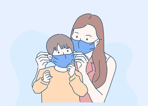 Ibu Dan Anak Kecil Mengenakan Masker Wajah Medis Untuk Melindungi - Stok Vektor