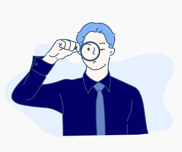 Büyüteçle iş adamı. Arama motoru konsepti. İnce çizgi şeklinde çizilmiş el, vektör çizimleri.