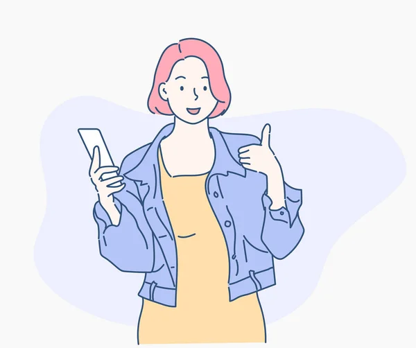 Neşeli kız akıllı telefonu tut ve sembolik parmağı göster tamam. İnce çizgi şeklinde çizilmiş el, vektör çizimleri.