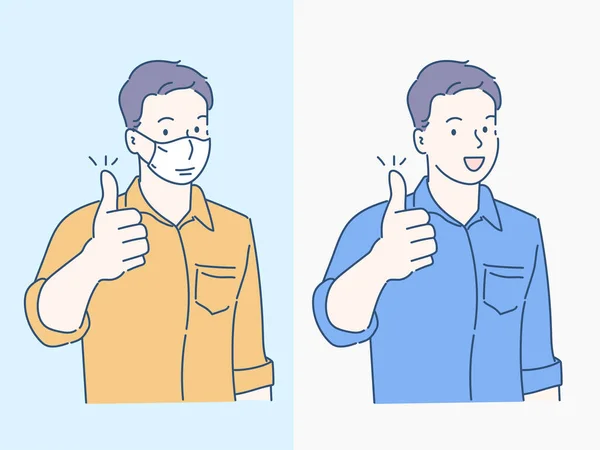 Gülümseyen genç işadamı, sağlık maskesi takıyor. Virüs koruma fikri. İnce çizgi şeklinde çizilmiş el, vektör çizimleri. (Maske çıkarılabilir.)