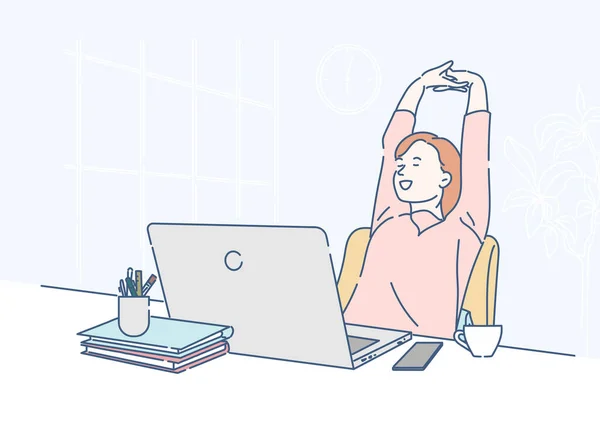 Genç iş kadını onun çalışma güvertesinde dinleniyor, yaptığı işten memnun. Evden gelen kavramsal çalışma. İnce çizgi şeklinde çizilmiş el, vektör çizimleri.