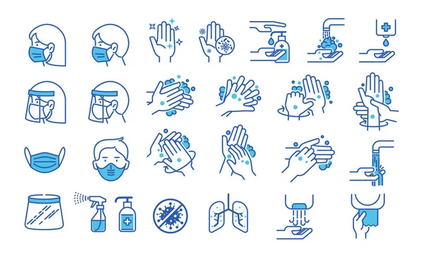 İnce çizgi şeklinde el yıkama ikonları. Hijyen simgeleri. El yıkama, sabun, alkol, deterjan, anti bakteri ve maske gibi ikonlar. Vektör illüstrasyonları.