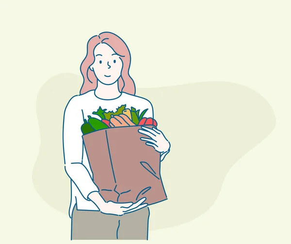 Junge Frau Hält Papiereinkaufstasche Voller Frischem Gemüse Und Lächelt Nachhaltiges — Stockvektor