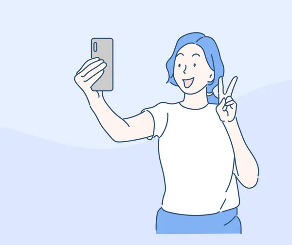 Genç Bir Kadın Ayakta Selfie Çekiyor Arkadaşlık Gençlik Kavramı Nce — Stok Vektör