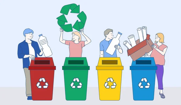 Geri dönüşüm ikonları, plastik şişe, kağıt ve cam şişe tutan bir grup insan. Sürdürülebilirlik kavramı. İnce çizgi şeklinde çizilmiş el, vektör çizimleri.