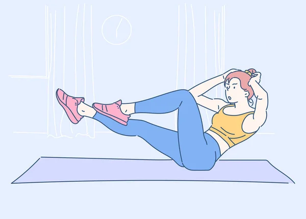 家でマットの上で練習を練習若い女性 積極的なライフスタイルとボディヘルスケアの概念 細い線画で手描き ベクトルイラスト — ストックベクタ