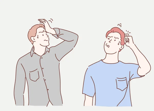 Genç adamın kafası karışmış ve soru sormayı merak ediyor. Şüpheyle kararsız, kafa kafaya düşünerek. Düşünceli bir kavram. İnce çizgi şeklinde çizilmiş el, vektör çizimleri.