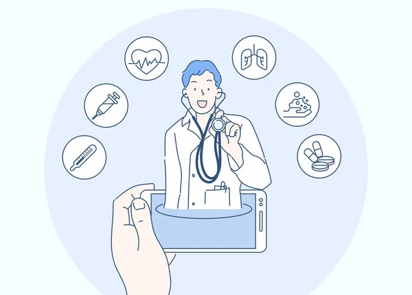 Teletıp ya da E-sağlık kavramı, sağlık hizmetlerini yönetmek için kullanışlı mobil cihaz. İnce çizgi şeklinde çizilmiş el, vektör çizimleri.