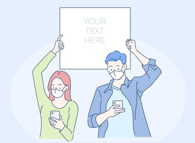 Yüz maskesi takan genç bir çift ellerinde bir konuşma balonu tutuyor ve akıllı telefonlarda sohbet ediyorlar. İnce çizgi şeklinde çizilmiş el, vektör çizimi. (Maske çıkarılabilir.)