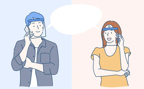 Young couple wearing face shield, talking on mobile phone. Hand drawn in thin line style, vector illustration. (face shiled can be removable)