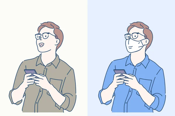 Hombre Casual Inteligente Con Teléfono Inteligente Que Está Usando Una — Vector de stock