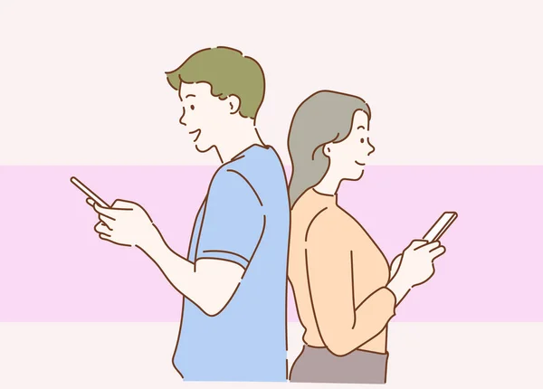 若いカップルは スマートフォンを使って笑顔で立ち上がっています 愛の概念です 細い線画で手描き ベクトルイラスト — ストックベクタ