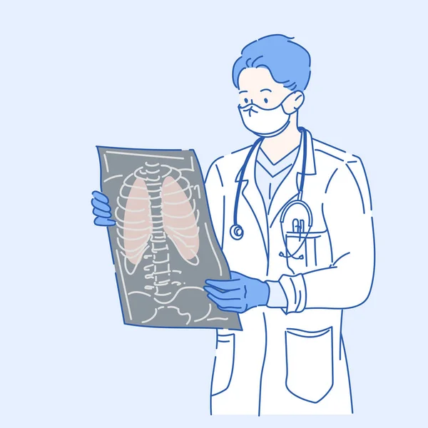 Médecin Regardant Une Image Radiographique Hôpital Concept Soins Santé Dessiné — Image vectorielle