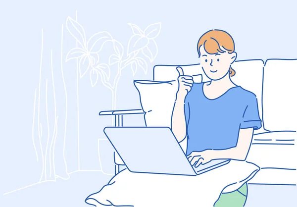 Dizüstü bilgisayarı ve kitapları olan genç bir kız kanepenin yanında oturuyor. Evde çalışıyor çünkü enfeksiyon koronavirüsü kontrol ediyor. El çizimi ince çizgi biçimi, vektör çizimleri.